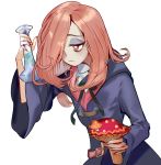  1girl absurdres belt black_neckwear eyeshadow hair_over_one_eye half-closed_eyes highres holding holding_mushroom jun_bedos little_witch_academia long_hair long_sleeves makeup mushroom pink_hair pink_nails ribbon simple_background solo sucy_manbavaran white_background wide_sleeves 