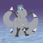  1:1 aleu_moonshadow ambiguous_gender anthro balls blue_hair canid canine digitigrade fox fur genitals grey_body grey_fur hair hi_res mammal multitail nikorokumitsero pubes solo tnargraef 