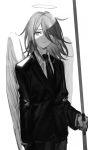  1boy akira_hou androgynous angel_devil_(chainsaw_man) angel_wings bangs business_suit chainsaw_man formal greyscale hair_between_eyes halo holding jacket long_hair long_sleeves male_focus monochrome necktie parted_lips simple_background solo suit wings 