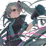  1girl alternate_costume aqua_eyes aqua_gloves aqua_hair aqua_neckwear armband bangs black_shirt blush breast_pocket collared_shirt floating_hair gloves hatsune_miku long_hair megaphone necktie pocket ryota_(ry_o_ta) shirt short_sleeves solo twintails very_long_hair vocaloid 