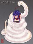  1girl blue_hair blush breasts cleavage clenched_teeth commission constriction forked_tongue giant_snake hair_between_eyes ooshio7734 original red_eyes second-party_source sidelocks skeb_commission snake snake_bondage teeth tongue white_snake 
