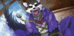  anthro athletic athletic_anthro athletic_male black_body black_fur blue_sky canid canine canis chain clothed clothing cloud dog_tags domestic_dog eyes_closed fur garmr hi_res kun_(artist) male mammal open_clothing open_mouth open_shirt open_smile open_topwear purple_clothing purple_shirt purple_topwear sharp_teeth shirt sky smile solo teeth tokyo_afterschool_summoners tongue tongue_out topwear torn_clothing video_games white_body white_fur 