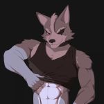  1:1 5_fingers abs anthro black_clothing black_shirt black_topwear canid canine canis clothed clothing clothing_lift collar eye_patch eyewear fingers fur grey_body grey_fur hi_res jrjresq male mammal muscular muscular_anthro muscular_male nintendo red_eyes shirt shirt_lift simple_background solo star_fox tank_top topwear video_games white_body white_fur wolf wolf_o&#039;donnell 