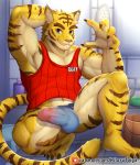  2020 anthro bulge clothing felid genital_outline hi_res looking_at_viewer male mammal morenatsu muscular muscular_anthro muscular_male pantherine patreon penis_outline ritorutaiga shirt shower signature smile solo tank_top text tiger topwear torahiko_(morenatsu) underwear url video_games visual_novel 