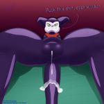  1:1 absurd_res anthro anus bodily_fluids butt clothing cum cum_drip cum_on_tail digimon digimon_(species) dripping english_text erection fangs first_person_view genital_fluids genitals hi_res impmon looking_at_viewer looking_down low-angle_view male neckerchief penis pheanir precum purple_body purple_skin smile smirk solo solo_focus spread_legs spreading teeth text white_body white_skin worm&#039;s-eye_view 