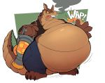 2020 activision anthro belly big_belly boot_(artist) bottomwear brown_body canid canine canis clothing crash_bandicoot_(series) crocodile crocodilian crocodylid denim denim_clothing dingo dingodile hybrid jeans male mammal overweight overweight_anthro overweight_male pants reptile scale scalie simple_background solo tongue tongue_out video_games yellow_sclera 