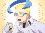  1boy blonde_hair blue-framed_eyewear blue_hair blush coat colress_(pokemon) commentary_request glasses gloves grey_coat leaning_forward lobolobo2010 male_focus multicolored_hair open_mouth pokemon pokemon_(game) pokemon_sm smile solo teeth tongue two-tone_hair upper_body yellow_eyes 