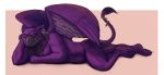  accessory anthro arm_support beak claws ear_piercing ear_ring eyrie_(neopets) feathers furgonomics jumpstart_games looking_at_viewer lord_kass lying male neopet_(species) neopets on_front piercing purple_body purple_feathers red_sclera solo spectral-bat tail_accessory tail_tuft toe_claws tuft video_games wings 