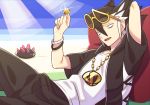  1boy asymmetrical_eyewear bangs black_hair black_pants bracelet coin commentary_request cosplay gen_7_pokemon glint grey_eyes grey_hair grimsley_(pokemon) guzma_(pokemon) guzma_(pokemon)_(cosplay) hair_over_one_eye half-closed_eyes highres holding holding_coin jewelry light_beam lobolobo2010 looking_at_object lying male_focus multicolored_hair necklace on_back pants pokemon pokemon_(creature) pokemon_(game) pokemon_sm pyukumuku raised_eyebrows shirt short_sleeves sunglasses two-tone_hair white_shirt yellow-framed_eyewear 