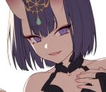  1girl fangs fate/grand_order fate_(series) fingernails hand_up headpiece horns ibuki_notsu looking_at_viewer oni oni_horns pink_nails portrait purple_hair short_hair shuten_douji_(fate/grand_order) simple_background skin-covered_horns smile solo white_background 