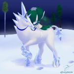  1:1 absurd_res ambiguous/ambiguous ambiguous_gender aurora_borealis calyrex calyrex-ice_rider cold duo equid equine eyeless feral footprints frozen glastrier hi_res ice jockey legendary_pok&eacute;mon mammal mane night nintendo outside pok&eacute;mon pok&eacute;mon_(species) reins riding_on_back size_difference sky snow the_frosty_chemist tree tundra video_games white_body 