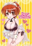  1girl alternate_hair_color apron bangs bare_shoulders bikini black_bikini blush bow bowtie breasts brown_eyes burafu cleavage collarbone detached_collar eyebrows_visible_through_hair frilled_apron frilled_bikini frills front-tie_top girls_und_panzer groin hand_on_own_thigh happy_birthday heart holding holding_tray koyama_yuzu large_breasts maid_apron maid_bikini maid_headdress open_mouth orange_hair ponytail sash side-tie_bikini smile striped striped_background swimsuit thighs tray white_sash wrist_cuffs yellow_background 