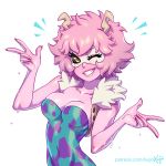  1girl ashido_mina black_sclera blush boku_no_hero_academia breasts cleavage goggles horns kajin_(kajinman) large_breasts looking_at_viewer one_eye_closed photoshop_(medium) pink_hair pink_skin shiny shiny_hair shiny_skin short_hair simple_background solo white_background yellow_eyes 