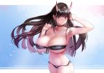  1girl arm_up armpits artist_name azur_lane bangs bare_arms bare_shoulders black_bra black_choker black_hair black_panties blue_background blunt_bangs blush border bra breasts choker cleavage collarbone commentary_request covered_nipples cowboy_shot earrings effort_star eyebrows_visible_through_hair fingernails floating_hair front-tie_bra front-tie_top gradient gradient_background groin hand_in_hair hand_up highres horns jewelry lace-trimmed_bra lace-trimmed_panties lace_trim large_breasts light_particles long_hair looking_at_viewer micro_bra navel noshiro_(azur_lane) outside_border panties parted_lips pink_background purple_eyes shiny shiny_hair solo standing stomach strap_lift string_panties stud_earrings underboob underwear underwear_only white_border 