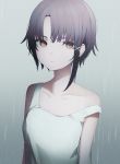  1girl asymmetrical_bangs bangs bare_shoulders brown_eyes brown_hair closed_mouth collarbone expressionless grey_background hair_ornament hairclip highres iwakura_lain looking_at_viewer migihidari_(puwako) rain serial_experiments_lain shirt sidelocks sleeveless sleeveless_shirt solo strap_slip upper_body white_shirt x_hair_ornament 