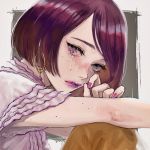  1girl earrings freckles gradient_nails jewelry lipstick looking_at_viewer makeup original portrait purple_eyes purple_hair purple_lipstick purple_nails red_nails shirt short_hair solo tears white_shirt wryx 
