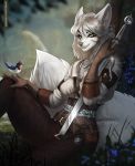  anthro armor avian bird brown_belt brown_gloves canid canine canis ciri clothing female forest gloves hair hand_on_knee hand_on_leg handwear hi_res long_ears long_hair long_tail looking_at_viewer makeup mammal melee_weapon pinup pose scar shirt sitting solo sword the_witcher the_witcher_3 topwear tree weapon white_clothing white_hair white_shirt white_topwear wolf yasmil 