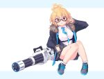  1girl :o bangs between_breasts black-framed_eyewear black_footwear black_jacket blonde_hair blue_archive blue_necktie breasts cleavage full_body fur-trimmed_jacket fur_trim gatling_gun glasses grey_skirt gun hair_between_eyes halo invisible_chair jacket kotori_(blue_archive) kyuuri_(miyako) long_sleeves looking_at_viewer m134_minigun machine_gun medium_breasts minigun necktie necktie_between_breasts parted_lips red_eyes semi-rimless_eyewear shirt shoes short_hair simple_background sitting skirt sneakers solo two-tone_background under-rim_eyewear weapon white_legwear white_shirt 