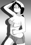  1girl arm_up bandeau black_hair blush breasts can cessa cleavage cowboy_shot glasses greyscale highres holding holding_can large_breasts long_hair monochrome original parted_lips shadow shorts smile solo strapless towel towel_on_head tubetop 