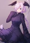  1girl borrowed_character braid brown_legwear closed_mouth coat grey_background hair_over_one_eye hand_up ibuki_notsu long_hair long_sleeves looking_at_viewer one_eye_covered original pantyhose pointy_ears purple_coat purple_eyes purple_hair rapute_(migihidari) single_braid sitting sleeves_past_fingers sleeves_past_wrists smile solo 