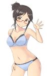  1girl aimobake bangs bespectacled black_hair blue_bra blue_panties blush bow bow_bra bra breasts brown_eyes closed_mouth cowboy_shot glasses hair_bun hand_on_hip head_tilt highres idolmaster idolmaster_cinderella_girls looking_at_viewer medium_breasts momoi_azuki navel panties red-framed_eyewear sidelocks simple_background smile solo standing swept_bangs underwear underwear_only waving white_background 