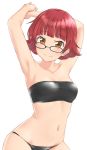  1girl aimobake arms_behind_head arms_up bandeau bangs bespectacled bikini black-framed_eyewear breasts closed_mouth commentary eyebrows_visible_through_hair glasses highres idolmaster idolmaster_million_live! looking_at_viewer navel nonohara_akane orange_eyes red_hair short_hair simple_background skindentation small_breasts smile solo standing strapless strapless_bikini swimsuit white_background 