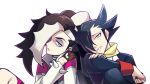  2boys bangs black_hair black_pants commentary_request elite_four eyeshadow fingernails gloves green_eyes grimsley_(pokemon) gym_leader hair_over_one_eye highres jacket lobolobo2010 long_hair long_sleeves looking_at_viewer makeup male_focus multicolored_hair multiple_boys pants parted_lips piers_(pokemon) pokemon pokemon_(game) pokemon_bw pokemon_swsh scarf smile two-tone_hair white_hair yellow_scarf 