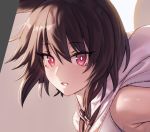  1girl animal_ears bare_shoulders bright_pupils brown_hair copyright_request from_side grey_background ibuki_notsu looking_at_viewer looking_to_the_side parted_lips portrait red_eyes simple_background solo white_pupils 