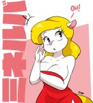  2020 4_fingers animaniacs anthro blonde_hair blue_eyes breasts clothed clothing digital_media_(artwork) dress english_text eyelashes female fingers hair hi_res japanese_text joaoppereiraus long_hair mammal minerva_mink mink mustelid musteline open_mouth pink_nose signature solo text translated warner_brothers 