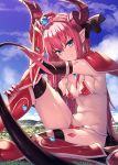  1girl armor armored_boots bangs belly bikini bikini_armor black_legwear blue_eyes blush boots breasts choker curled_horns dragon_girl dragon_horns dragon_tail elizabeth_bathory_(brave)_(fate) elizabeth_bathory_(fate)_(all) fate/grand_order fate_(series) hair_ribbon horns ibuki_notsu knee_boots long_hair looking_at_viewer loose_bikini navel pauldrons pink_hair pointy_ears red_armor red_bikini red_choker red_footwear ribbon shoulder_armor silver_trim small_breasts smile solo spiked_boots spiked_footwear swimsuit tail thighhighs thighs tiara two_side_up vambraces 