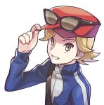  1boy alternate_hair_color bag blonde_hair blue_jacket brown_eyes calem_(pokemon) commentary_request eyewear_on_headwear fingernails hand_on_headwear hat jacket lobolobo2010 male_focus parted_lips pokemon pokemon_(game) pokemon_xy red_headwear shoulder_bag simple_background smile solo sunglasses white_background 