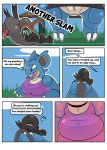  &lt;3 anthro big_breasts bodily_fluids bottomless breasts clothed clothing comic duo english_text female feral genital_fluids genitals hi_res imminent_rape imminent_sex larger_female male nidoqueen nintendo not_a_furfag penis pok&eacute;mon pok&eacute;mon_(species) precum purple_eyes purple_tank_top pussy salandit size_difference smaller_male sound_effects spiral_eyes tapering_penis text topwear topwear_only video_games waking_up 