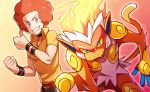  1boy afro black_choker choker clenched_hand collared_shirt commentary_request elite_four fingernails fire flame flint_(pokemon) gen_4_pokemon grey_eyes highres infernape lobolobo2010 male_focus pokemon pokemon_(creature) pokemon_(game) pokemon_dppt red_hair shirt short_sleeves smile thumbs_up wristband yellow_shirt 