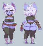  biped blush breasts butt clothed clothing female hair humanoid league_of_legends multiple_angles purple_body purple_skin riot_games simple_background smile solo tristana_(lol) unknown_artist video_games white_hair yordle 