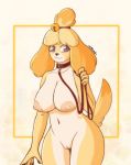  animal_crossing anthro bell big_breasts big_nipples blonde_hair breasts canid canine canis collar domestic_dog female genitals hair head_tuft hi_res humanoid_genitalia humanoid_pussy isabelle_(animal_crossing) leash long_ears looking_at_viewer mammal nintendo nipples nude pussy signature simple_background solo tuft umine video_games 