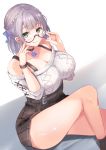  1girl alternate_costume bangs blush braid breasts cleavage commentary_request eyebrows_visible_through_hair glasses green_eyes highres hololive kurenai_(kurenai_pso) large_breasts looking_at_viewer shirogane_noel short_hair silver_hair smile solo sweater thighs virtual_youtuber 