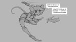  16:9 2020 after_transformation anthro clothed clothing curse dialogue english_text female fur grey_background hair knife mammal melee_weapon monochrome mouse murid murine rodent simple_background solo species_transformation speech_bubble text throwing_knife topwear transformation watsup weapon widescreen 