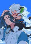  2boys animal_ears aqua_eyes black_footwear black_hair blue_sky carrying cat_ears cat_tail closed_eyes cloud cloudy_sky eyebrows_visible_through_hair highres long_hair long_sleeves luoxiaohei maruco multiple_boys open_mouth short_sleeves shoulder_carry sky smile tail the_legend_of_luo_xiaohei upper_body white_hair wuxian_(the_legend_of_luoxiaohei) 