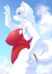  2020 848siba absurd_res anthro big_breasts black_nose braided_hair breasts butt canid canine canis claws clothed clothing digital_media_(artwork) eyebrows eyelashes female fluffy fluffy_tail fur hair hi_res kemono mammal one-piece_swimsuit outside pawpads red_clothing red_eyes signature sky smile solo swimwear tuft white_body white_fur white_hair 