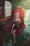  1girl airani_iofifteen bangs barefoot book english_commentary hair_bun highres holding holding_book hololive hololive_indonesia looking_at_viewer pink_hair purple_eyes side_ponytail sitting soedji solo virtual_youtuber 