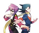  2boys back-to-back bangs buttons commentary_request elite_four eye_mask fingernails grey_eyes grimsley_(pokemon) highres jacket lobolobo2010 long_sleeves looking_at_viewer male_focus multiple_boys outstretched_arm pants parted_lips pokemon pokemon_(game) pokemon_bw pokemon_hgss purple_hair scarf shirt smile white_background white_neckwear white_shirt will_(pokemon) yellow_scarf 