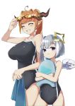  2girls absurdres amane_kanata anzai_growth bodyboard breast_envy breasts closed_eyes covered_navel goggles grey_eyes grey_hair highres hololive horns kiryuu_coco large_breasts looking_at_viewer mini_wings multiple_girls orange_hair pointy_ears ponytail pout school_swimsuit smile swimsuit virtual_youtuber 