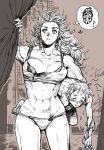  2girls abs absurdres blush breasts closed_eyes collarbone cowboy_shot curtains dahlio dorohedoro earrings ebisu_(dorohedoro) highres jewelry large_breasts long_hair monochrome multiple_girls muscle muscular_female navel noi_(dorohedoro) parted_lips short_hair sweatdrop tall_female thought_bubble 