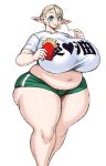  2020 absurd_res big_breasts blonde_hair blush breasts clothing curvy_figure eating elf elf-san_wa_yaserarenai. erufuda_(elf-san_wa_yaserarenai.) female hair hi_res huge_breasts humanoid looking_at_viewer navel overweight overweight_female overweight_humanoid slightly_chubby solo sssonic2 thick_thighs voluptuous wide_hips 