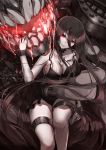  1girl abyssal_ship bangs battleship_princess black_dress black_hair breasts dress grey_skin hair_between_eyes highres horns kantai_collection large_breasts long_hair oni_horns open_mouth pale_skin red_eyes revision sleeveless sleeveless_dress teeth very_long_hair zombie_mogura 