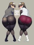  1girl ass bent_over black_legwear blush brown_hair buruma commentary_request hairband highres long_hair looking_at_viewer looking_back mg_no29 original pantyhose pantylines socks solo thighs tights_day white_hairband white_legwear 