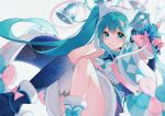  1girl aqua_hair bell bell_collar blue_gloves blue_legwear bow collar fur_trim gloves hair_bow hair_ornament hairclip hand_on_own_face hatsune_miku headphones heridy long_hair looking_at_viewer microphone multicolored multicolored_bow multicolored_ribbon pink_bow pink_gloves pink_ribbon ribbon shirt simple_background single_thighhigh skirt sleeveless sleeveless_shirt solo thighhighs twintails v very_long_hair vocaloid white_background 