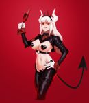  1girl absurdres black_tail breasts cameltoe cleavage demon_girl demon_horns demon_tail dgk gloves heart_pasties helltaker highres horns looking_at_viewer lucifer_(helltaker) maebari mole mole_under_eye navel pasties red_background revealing_clothes simple_background tail white_gloves white_horns 