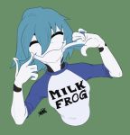  amazon_milk_frog amphibian anthro aria_whittemore blue_hair clothed clothing eyes_closed female finger_on_cheeks frog hair happy long_sleeves mega_milk membrane_(anatomy) meme novacantnames pale_skin shirt short_hair smile solo spots topwear tree_frog webbed_hands white_body 