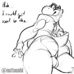  1:1 2020 anthro balls butt crocodile crocodilian crocodylid dialogue genitals hi_res male mario_bros monochrome nintendo nsfsushi nude reptile scalie sketch solo text video_games yoshi 